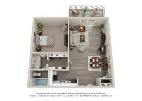 Floor plan for 1 bed, 1 bath, 650 sqft